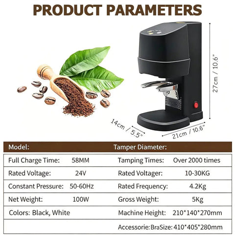 58 Millimeter Automatic Espresso Tamper Featuring Adjustable Depth And Steady Pressure Settings showing size and parameters with coffee beans.