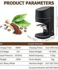 Next Level Automatic Espresso Tamper For 58Mm Portafilters Featuring Lightning Fast Two Second Auto Tamping And Adjustable 22 To 66 Pounds Of Pressure To Kick Your Coffee Game Into High Gear Alongside Built In Self Cleaning Routines, showcasing product dimensions with coffee beans.