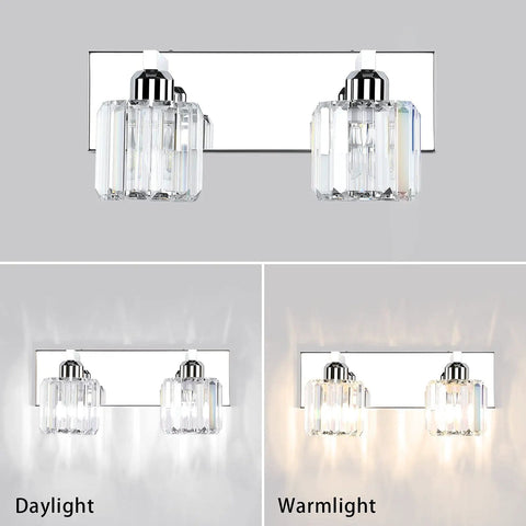 Crystal Vanity Lights For Bathroom Stainless Steel Wall Mount Two Light Fixtures Dimmable With E26 Bulb Not Included shown in daylight and warm light