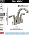 Arvo Centerset 2-Handle Bathroom Faucet in Brushed Nickel, labeled dimensions, SpotShield finish, 3-hole sink DIY install guide.