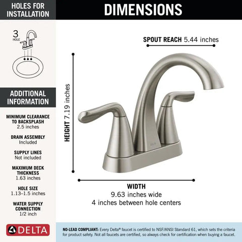 Arvo Centerset 2-Handle Bathroom Faucet in Brushed Nickel, labeled dimensions, SpotShield finish, 3-hole sink DIY install guide.