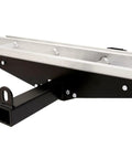 Close-up of a Motorcycle Hitch Carrier With Wheel Chock And Loading Ramp, Beefy Aluminum Build, 400 Lb Capacity, Anti-Rattle Design