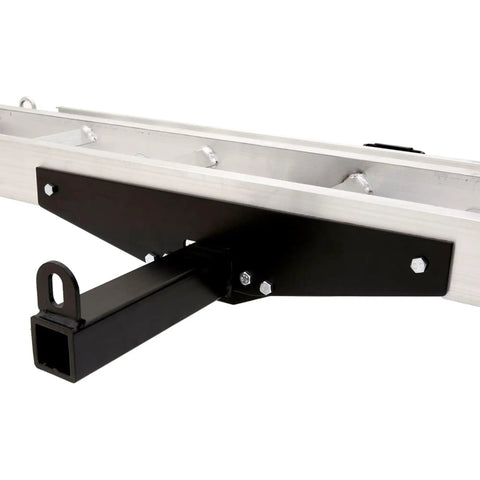 Close-up of a Motorcycle Hitch Carrier With Wheel Chock And Loading Ramp, Beefy Aluminum Build, 400 Lb Capacity, Anti-Rattle Design