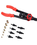 Beefy Rivet Nut Tool Kit with Interchangeable Mandrels, red handles, seven mandrels, metal and plastic rivet nuts, 13-inch tool