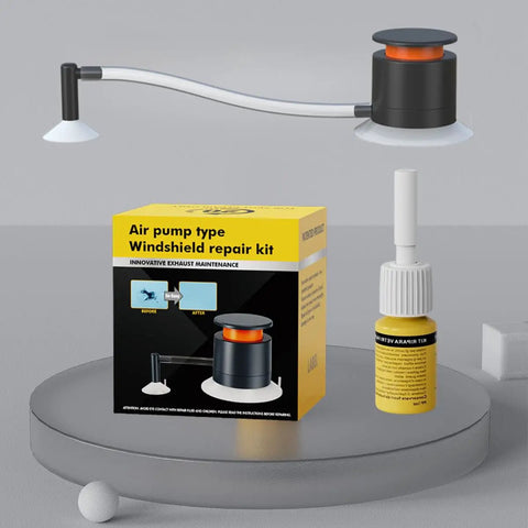 Windshield Crack Repair Kit With Vacuum Suction For SUVs Trucks And Windows Delivers Invisible, Long Lasting, Hassle Free Chip And Crack Repair In Minutes Stops Crack Spreading In Just 20 Minutes With Professional Grade Resin And Easy, Clear Finish, containing suction tool and professional-grade resin, against a gray surface