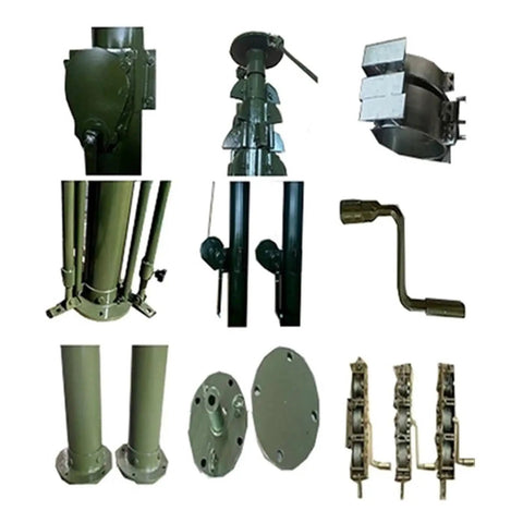 Various components of Rock Solid Hand Crank Telescopic Mast, 4 Meter Height, 30 Kg Load for satellite antennas and cameras.