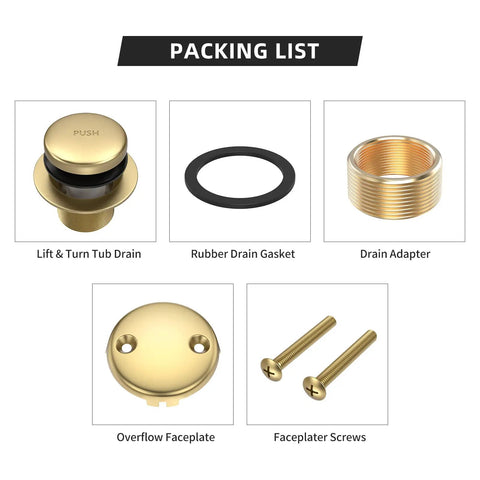 Slick Brushed Gold Tub Drain And Overflow Kit components including drain, gasket, adapter, faceplate, and screws.