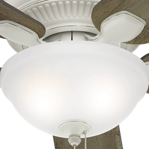 Close-up of Matheston Indoor Outdoor Ceiling Fan With Light And Pull Chain Control in cottage white with wooden blades, whisper wind motor.