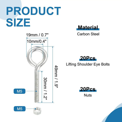 Heavy Duty M5x30mm Shoulder Swing Lifting Eye Bolts With Nuts 20 Pack Carbon Steel dimensions and specifications image.