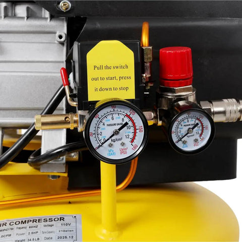21 Gallon Portable Air Compressor 110V 2.5HP Motor Max 115PSI Yellow Vertical Unit With 6 Inch Wheels And Handle Perfect For Garage Workshop Job Site Pneumatic Tools Heavy Duty Reliable Performance
