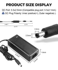 Diagram of Beefy 36V DC Power Supply Adapter 3A 108W with 5.5x2.5mm plug, showing dimensions and polarity details.
