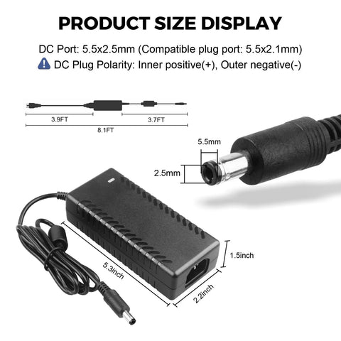 Diagram of Beefy 36V DC Power Supply Adapter 3A 108W with 5.5x2.5mm plug, showing dimensions and polarity details.