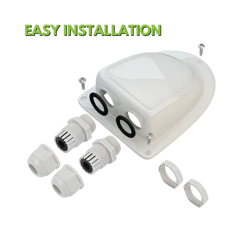 Go-To Dual Cable Gland Waterproof Box For Solar Panels With Roof Mount Kit 6-12mm Entry Glands Ideal For Camper Van RV Boat And Tiny House Systems Weatherproof Seal Easy Install No Leaks showing components and installation materials.
