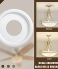 Four Pack PU Ceiling Medallions For Light Fixtures And Ceiling Fans, 9.8 Inch Outer Diameter, Smooth White Finish, Before After Installation