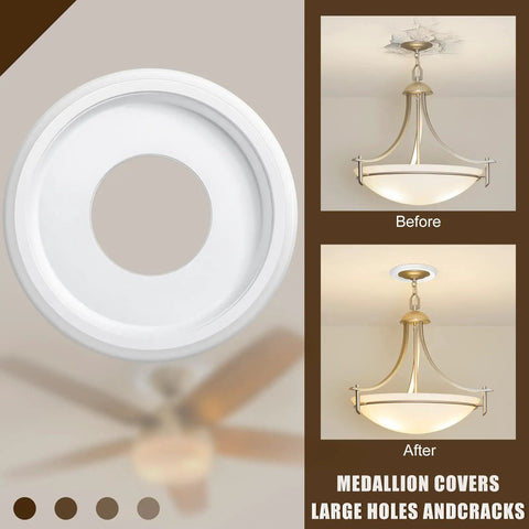 Four Pack PU Ceiling Medallions For Light Fixtures And Ceiling Fans, 9.8 Inch Outer Diameter, Smooth White Finish, Before After Installation