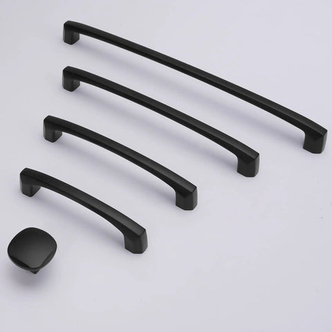Top Shelf 10 Pack 5 Inch Matte Black Cabinet Pulls Featuring Hella Sturdy Zinc Alloy Body And Smooth Grip Design, various styles shown.