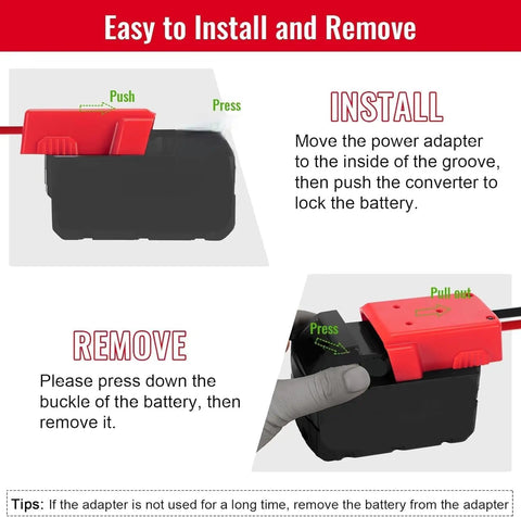 Installation guide for Two Pack Power Wheel Adapter For Milwaukee 18V Battery, showing how to attach and remove the adapter.