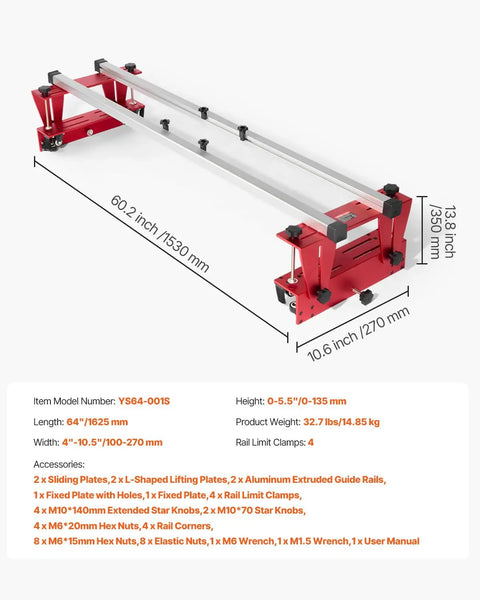 Router Sled For Woodworking Up To 64 Inches With X And Y Axis Adjustable Rails, featured with dimensions and specifications.