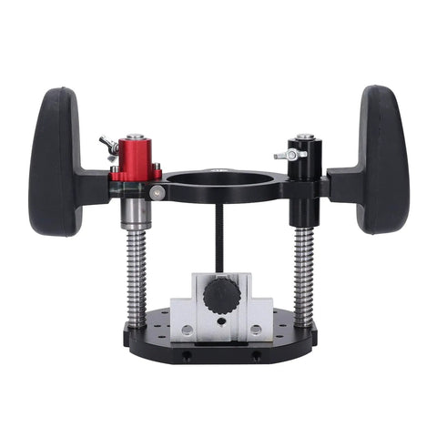 Premium Adjustable Router Lift For Woodworking Benches Built With A Rock Solid Aluminum Frame and Hella Smooth Micro Adjustments, front view with precise adjusters.