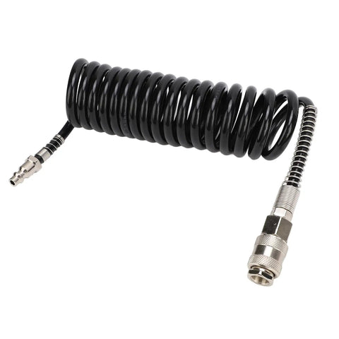 Heavy Duty Rubber Inflator Extension Hose With Bend Limiter For Air Compressors, black kink-resistant coil design with steel fittings.
