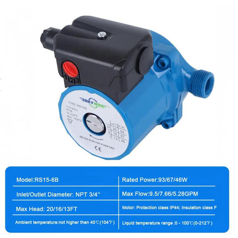 No Fuss 3Speed Hot Water Circulation Pump 93 Watt 110V Recirculator for Solar Heating, compact and efficient design.