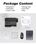 Package contents of Go To Golf Rangefinder With Slope Compensation 1000 Yard Range 6x Magnification Flag Lock Vibration Rechargeable Laser Range Finder For Precise Yardage And Quick Targeting On The Course including rangefinder, instructions, Type-C cable, storage case, lens cloth, and bag.