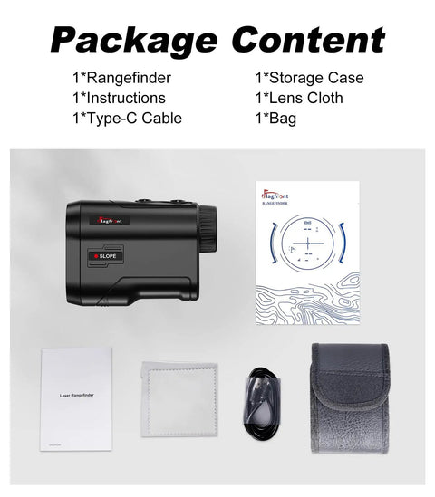 Package contents of Go To Golf Rangefinder With Slope Compensation 1000 Yard Range 6x Magnification Flag Lock Vibration Rechargeable Laser Range Finder For Precise Yardage And Quick Targeting On The Course including rangefinder, instructions, Type-C cable, storage case, lens cloth, and bag.
