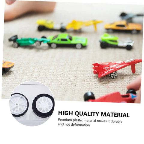 8 Pack Toy Car Wheels Set With Anti Skid Plastic Tires For RC Cars And Model Toys, Durable Wheel Rims For DIY Projects shown with toy cars