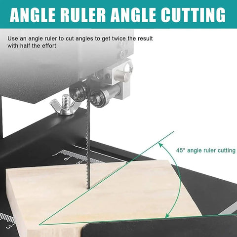 Pro Level Benchtop Bandsaw Pumping 800 Watts For Quick 70 mm Resaw Cuts Through Dense Wood Acrylic And Foam With A Zero Sweat Tilting Fence And Bull Strong Steel Table Base showing angle cutting with ruler on wood.