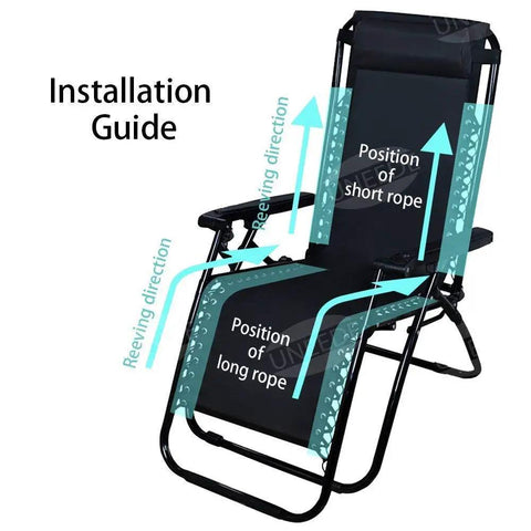 Heavy Duty Zero Gravity Chair Replacement Cords Set Of 4 Black Installation Guide showing rope positions and reeling directions.