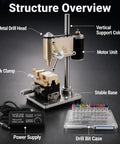 Mini Bench Drill Press Machine 9500Rpm High Precision Watchmaker Tool showing components like drill head, work clamp, and power supply.