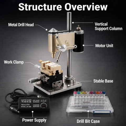 Mini Bench Drill Press Machine 9500Rpm High Precision Watchmaker Tool showing components like drill head, work clamp, and power supply.