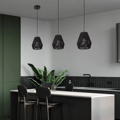 7 Inch Woven Rattan Pendant Light Black Boho Basket Fixture For Farmhouse Kitchen Island, Bedroom, And Living Room Modern Hanging Lamp Set Of 3