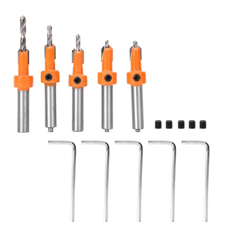 Five Piece Countersink Drill Bit Set With YG8 Alloy Cutter Heads, 2.8 To 4mm Drill Diameter, Oxidation Spray Treatment, Case Included