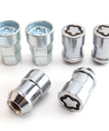 Slick Chrome Wheel Lock Nut Kit Featuring M12x1.5 Threads And 60 Degree Cone Seat, includes six anti-theft wheel lock nuts.