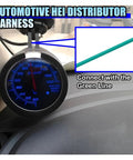 Heavy Duty HEI Distributor Pigtail Wire Harness With Clear Green And Red Tach Meter And 12V Battery Plugs close-up of blue tach meter and green wire.