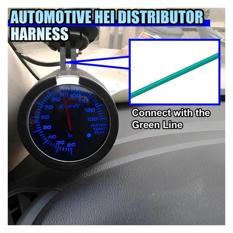 Heavy Duty HEI Distributor Pigtail Wire Harness With Clear Green And Red Tach Meter And 12V Battery Plugs close-up of blue tach meter and green wire.