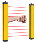 Ultra Fast Safety Light Curtain Sensor System With 40mm Beam Pitch And 5m Detection Range Ten Beams Industrial Security Guard Device For Wrist Or Body Detection Fast One Hundredth Second Response showing hand intrusion between beams