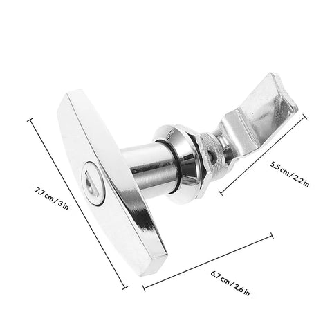 Two Pack Zinc Alloy RV Cabinet Locks With Keys, T Handle Cam Locks For Storage Doors, dimensions visible, sleek silver design.
