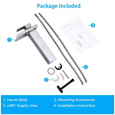 Package contents for Lit LED Waterfall Bathroom Faucet For Vessel Sink, Oil-Rubbed Bronze, Tall 1-Hole Single-Handle Brass Tap.