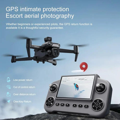 Dope 8K Camera GPS Drone With 5 Inch HD Screen Built In 90 Minute Flight Time displaying ski footage on remote screen