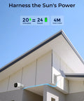 4K Wireless Outdoor Security Camera System With Solar Panel Kit mounted on house corner, showing solar charging efficiency.