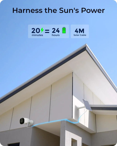 4K Wireless Outdoor Security Camera System With Solar Panel Kit mounted on house corner, showing solar charging efficiency.