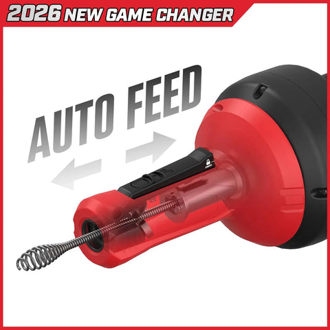 Easy Draining With This Heavy Duty Drain Auger Snake And Glove Set showing auto-feed feature, for quick clog clearing.