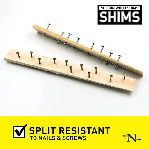 Rock Solid Wood Shims Pack Of Twelve Beddar Wood Door And Cabinet Leveling Wedges Split Resistant Nail Ready shown with nails in place.
