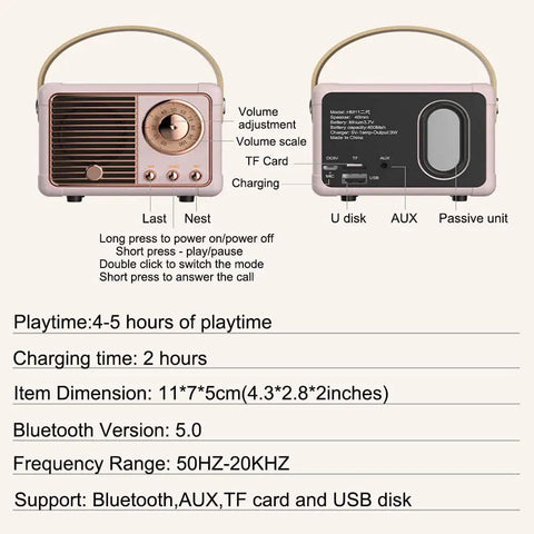 Retro Bluetooth Speaker Portable Wireless Speaker With Crystal Clear Stereo Sound And Rich Bass Pink Color Ideal Gift Idea For Women And Teens On Birthdays Parties Travel Or Outdoor Adventures Compact And Easy To Carry with controls and ports