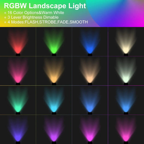Color options for Six Pack RGBW In Ground Landscape Lights With Remote, 10W Low Voltage Color Changing LED for Garden and Yard Decor