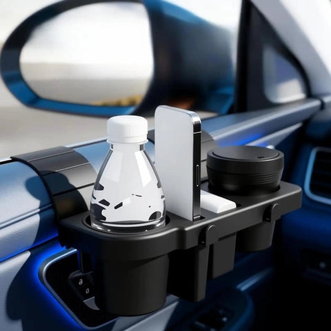 Boss Grade Rattle Free Cup Holder For Tesla Cybertruck and Rock Solid Engineered Abs Mount fits door panels, holding a bottle and phone.