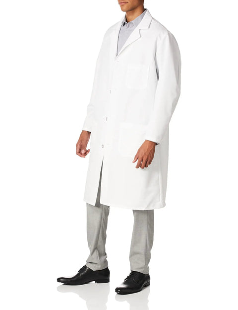 Exterior Pocket Lab Coat for Men in White Medium, Lightweight 5 oz Performance Poplin, full-length front view