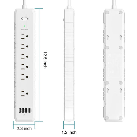 Two Pack Surge Protector Power Strip With Six Outlets And Four USB Ports, angled flat plug, ETL Listed, dimensions shown
